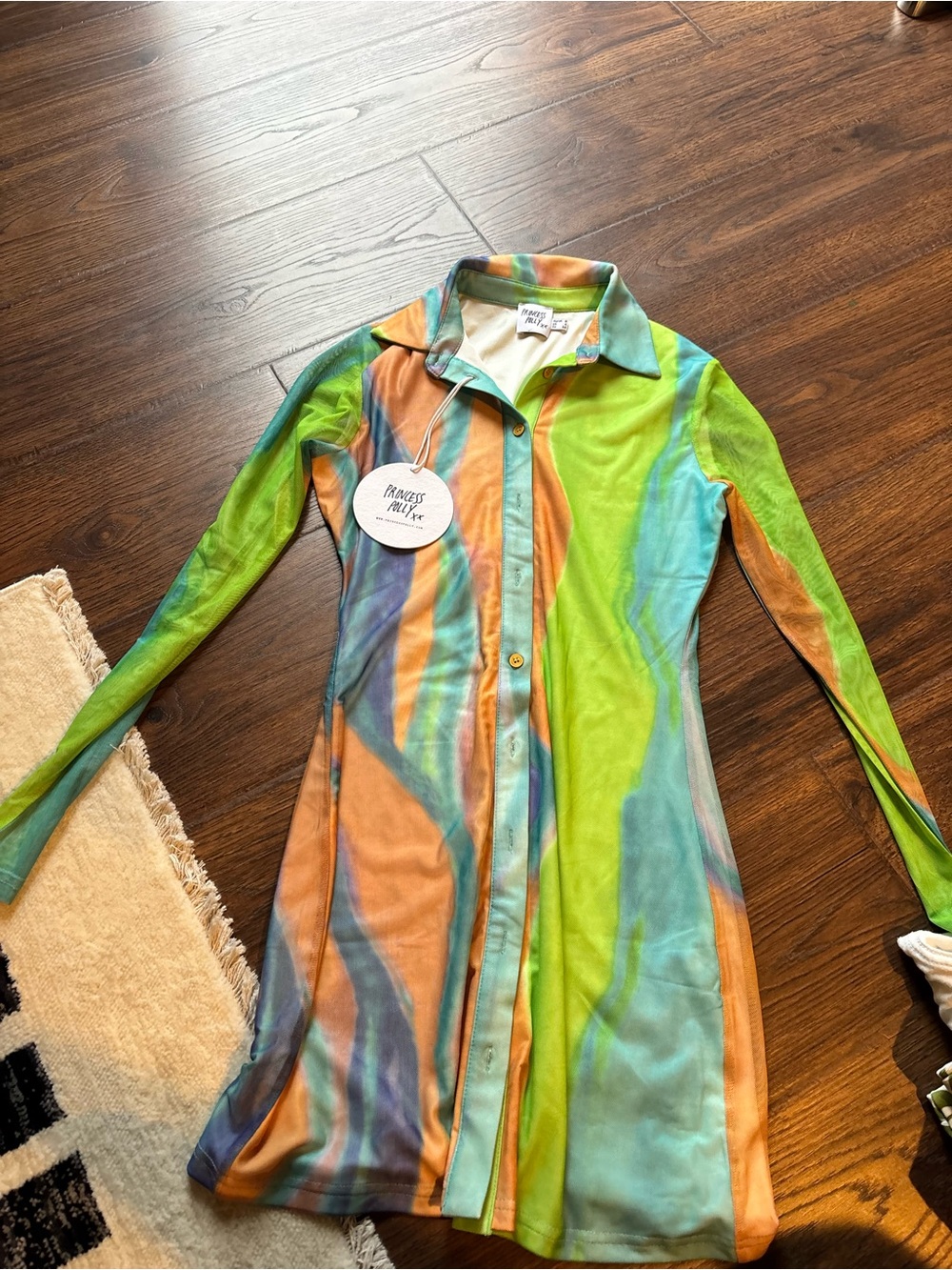Princess Polly Multicolor Swirl Button-Up Dress — Green, Blue, Orange